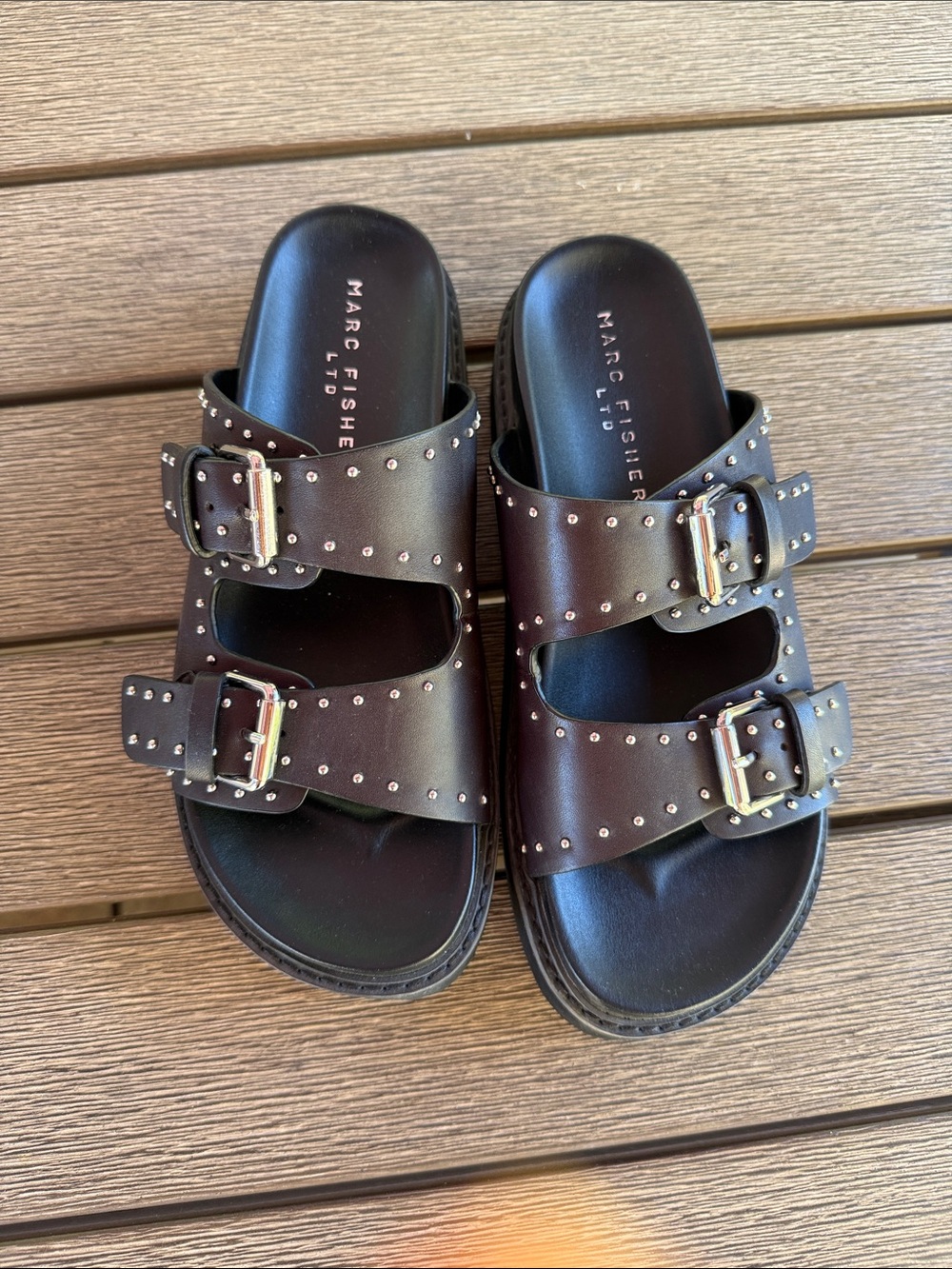 Marc Fisher Black Studded Double-Buckle Slide Sandals - Picture 6 of 7